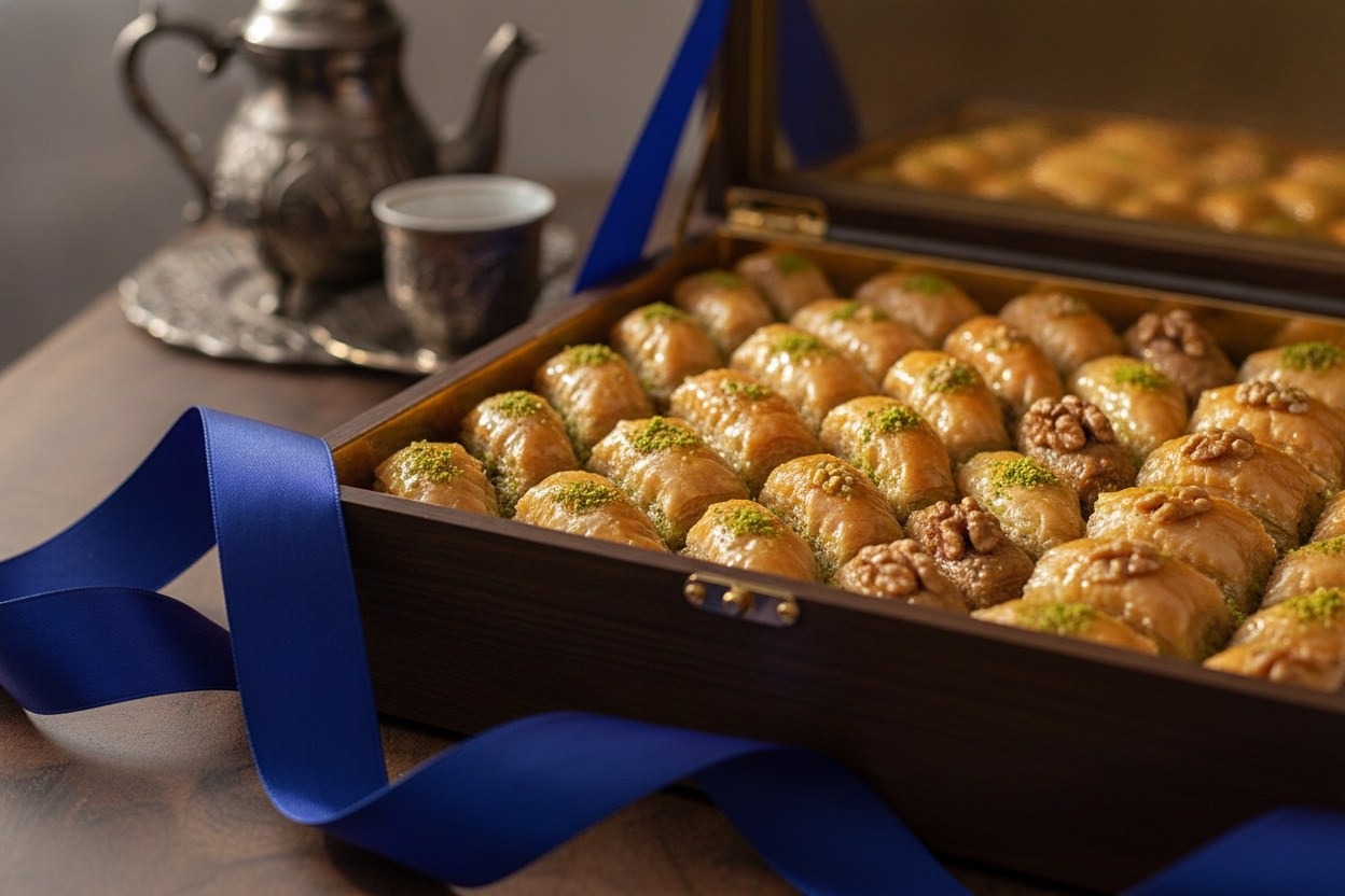 Açık kraft kutuda dizili fıstıklı ve cevizli baklava dilimleri