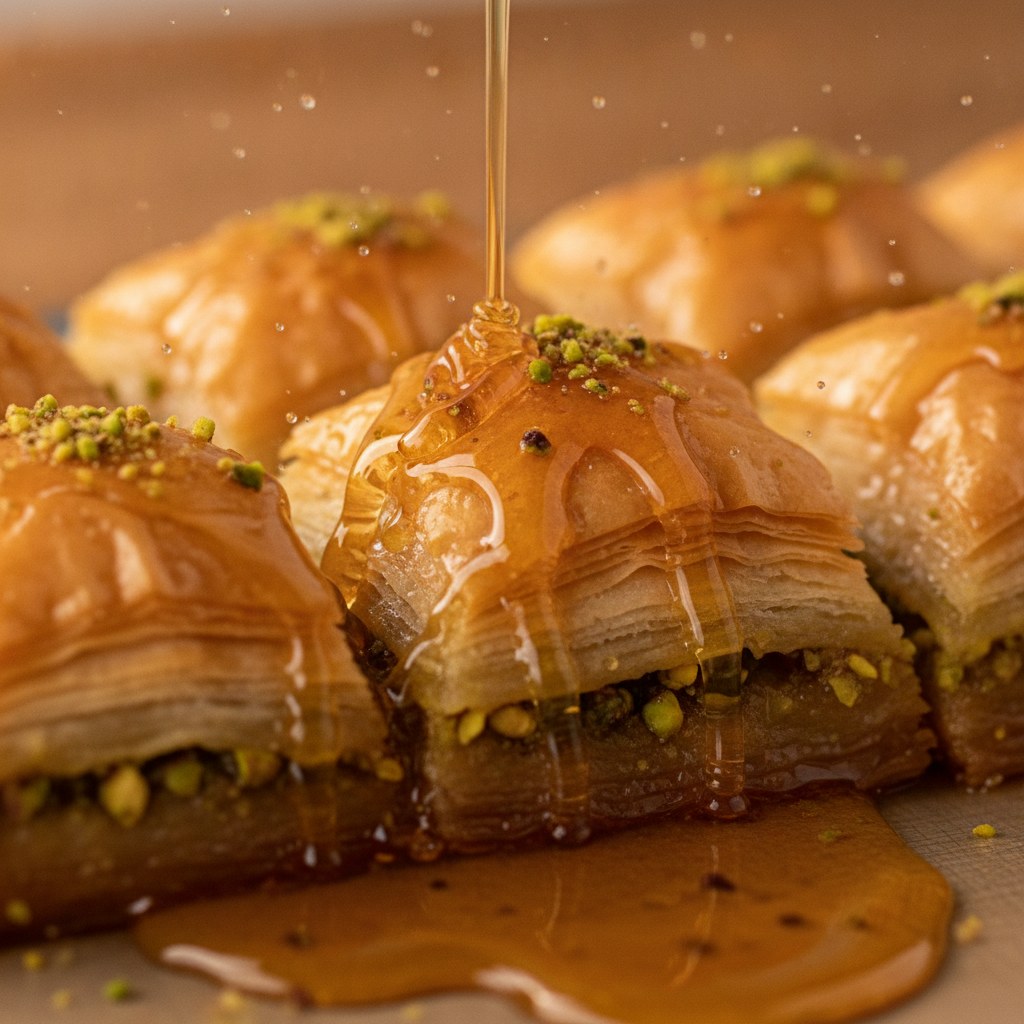 Baklava üzerine akıtılan sıcak şerbet yakın çekim